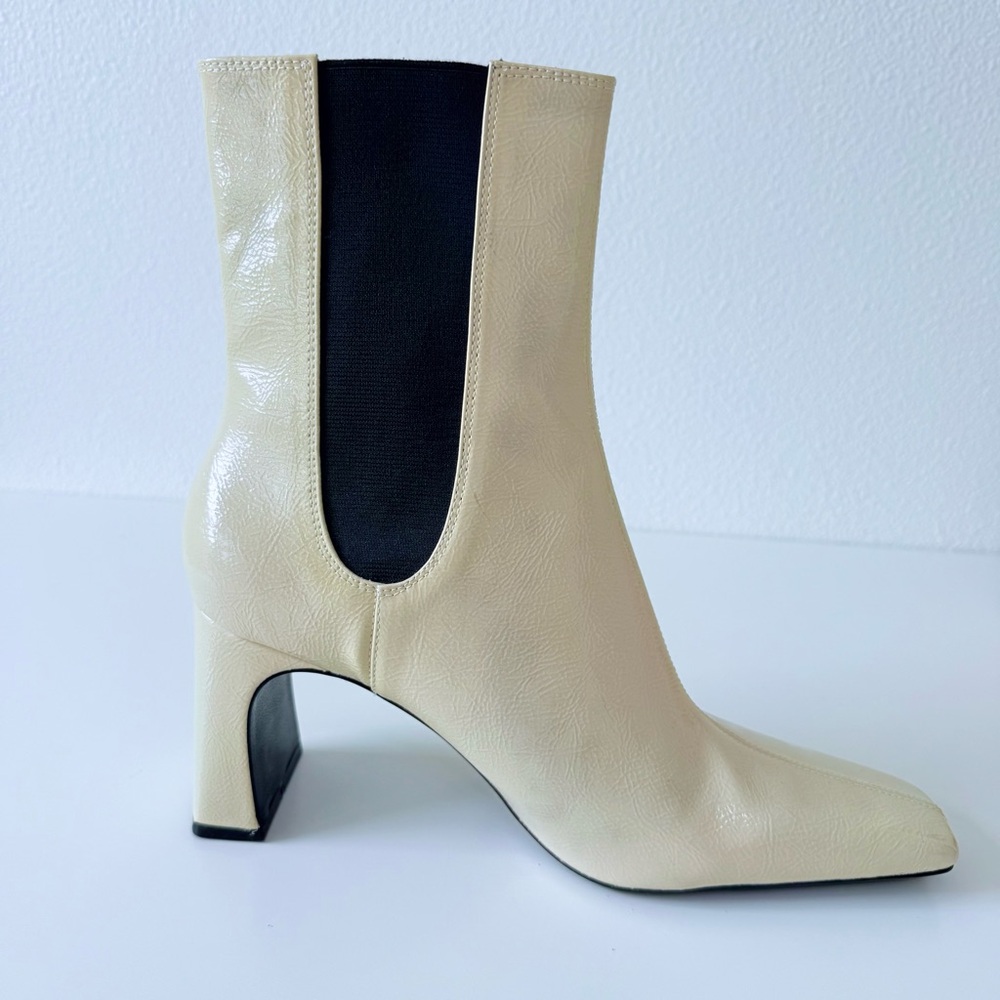Zara Patent Square-Toe Heeled Ankle Boots-Ecru-Women’s Size 9 Vegan - Picture 4 of 14